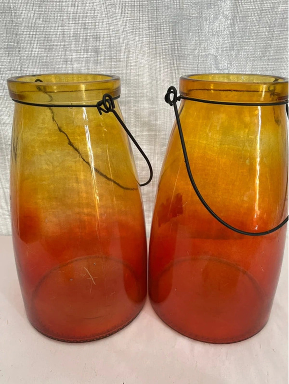 Lot of 2 Large orange Glass Jar Lantern with Wire Handle decor